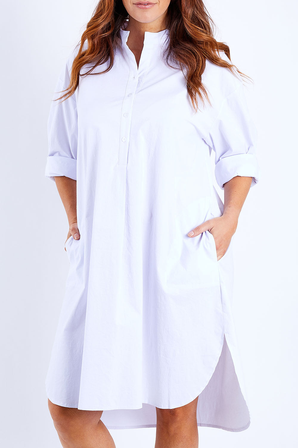 Model Laura wearing size 14 of the 3/4 Sleeve Tunic Shirt Dress in colour White (White), from the front, cropped image