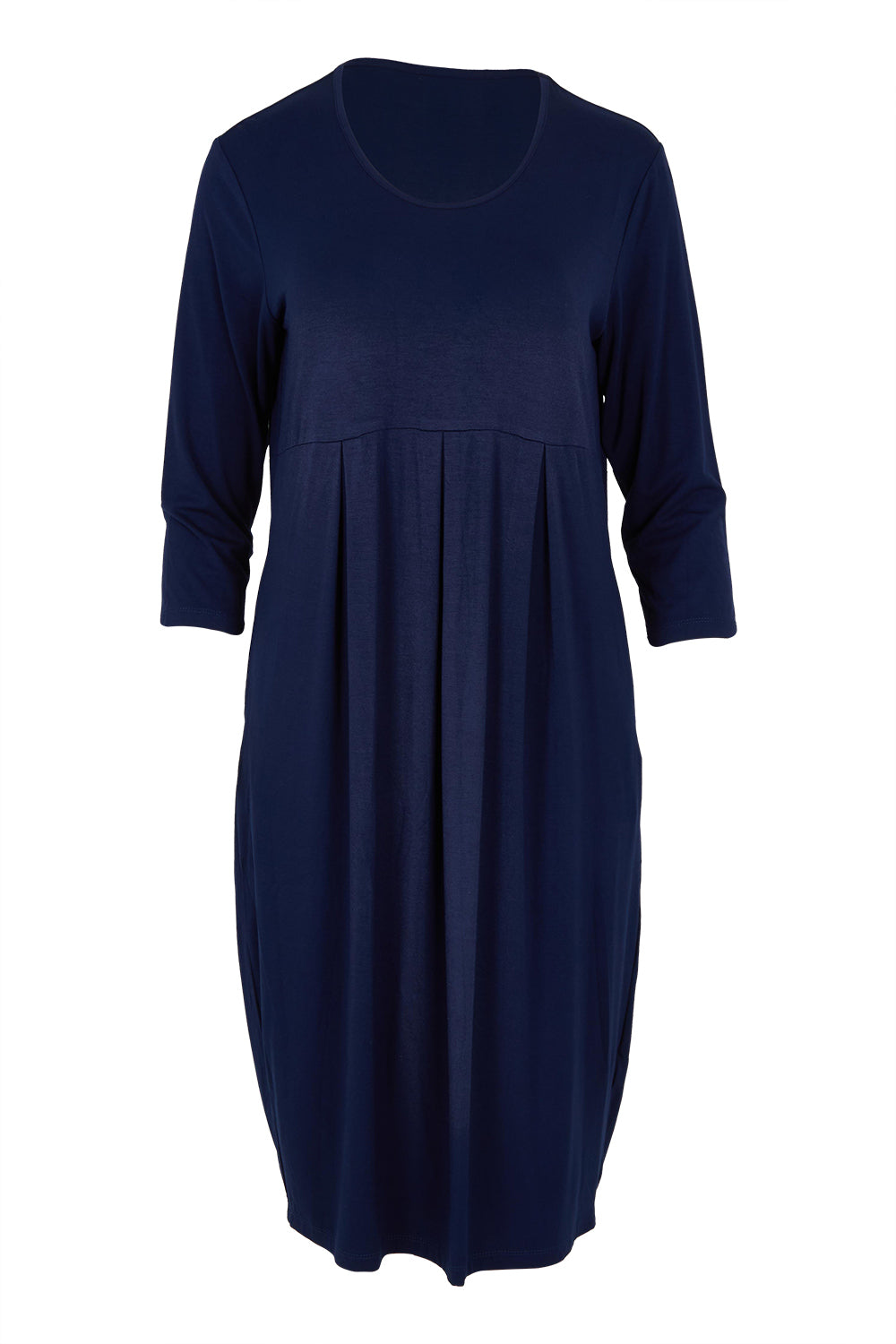 Product shot of the Box Pleat Dress in colour Navy (Blue), from the front