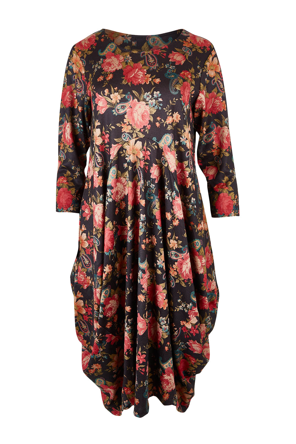 Product shot of the Bounce Dress in colour Paisley (Black), from the front