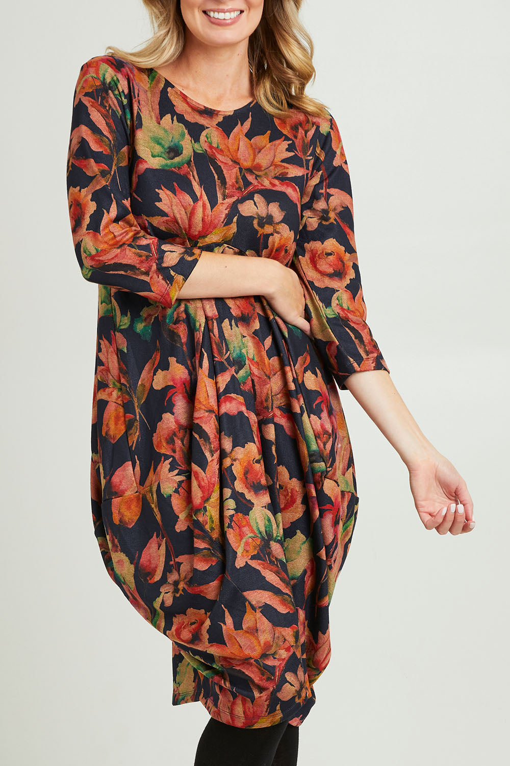 Model Grace wearing size 10 of the Bounce Dress in colour Royal (Blue), from the front, cropped image