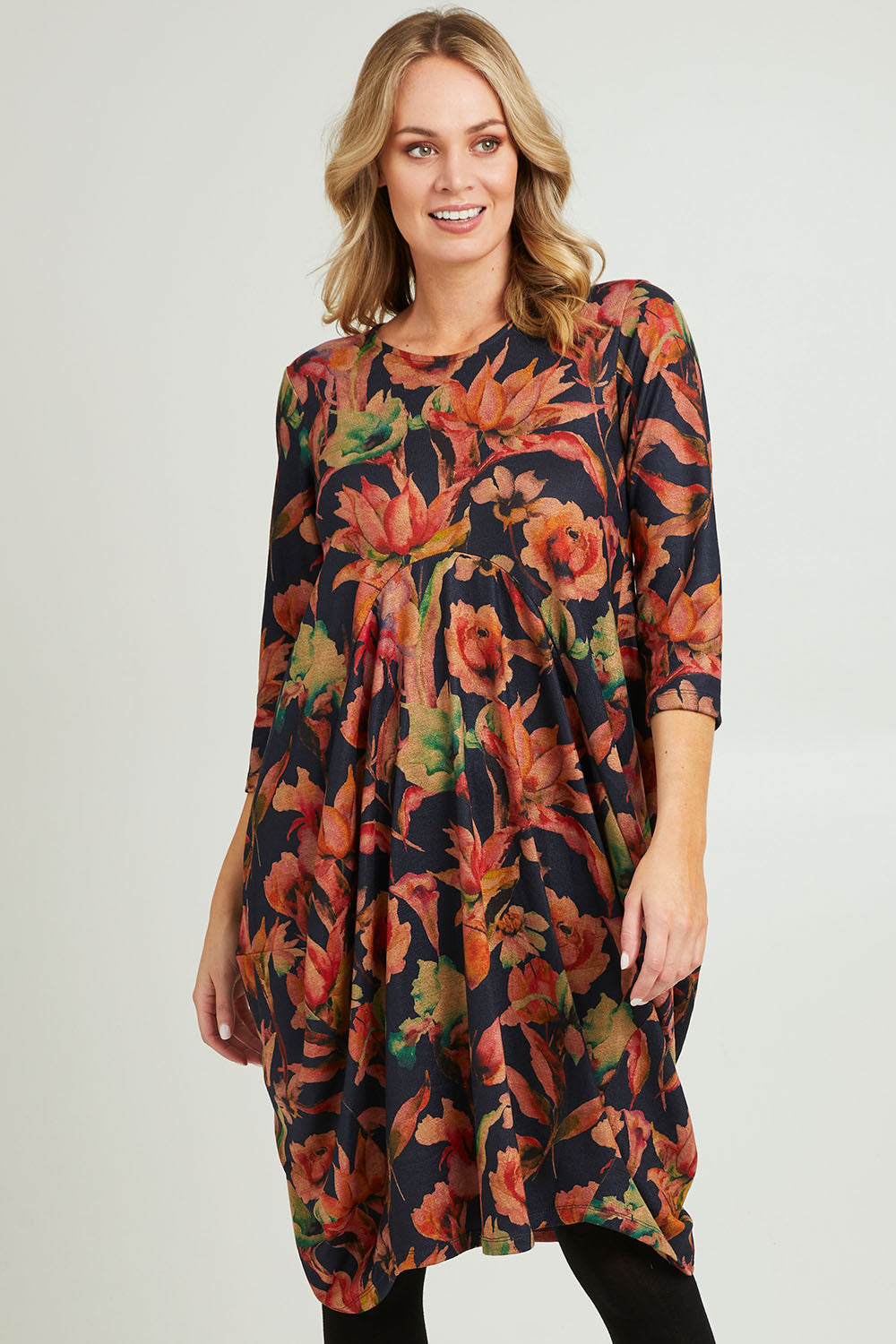 Model Grace wearing size 10 of the Bounce Dress in colour Royal (Blue), from the front, cropped image