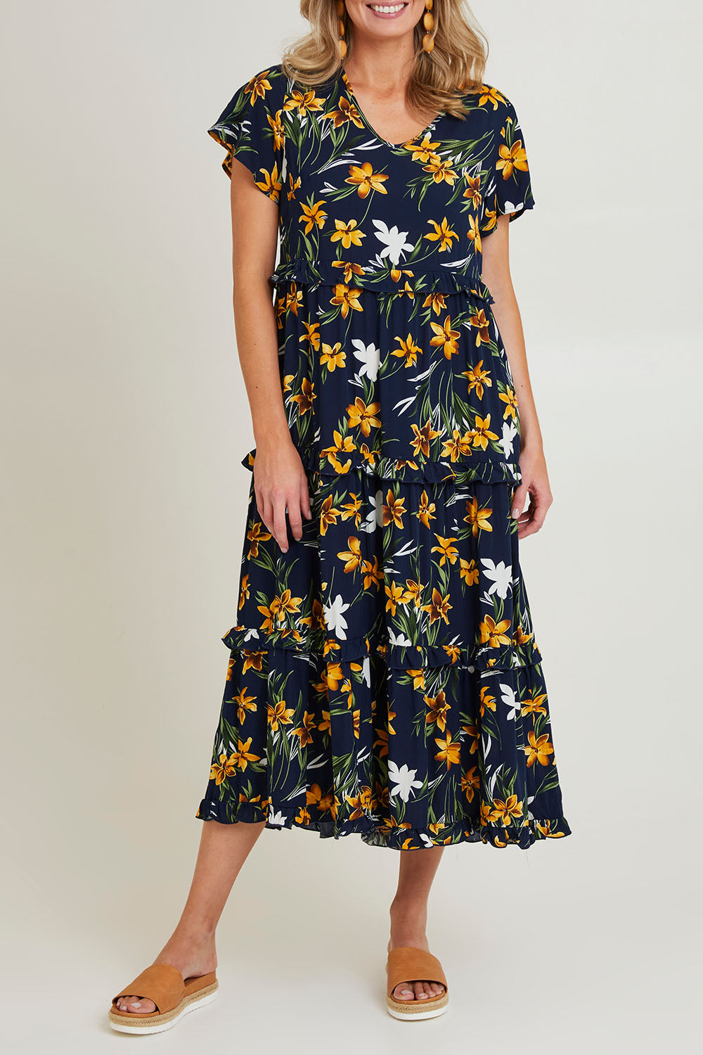 Model Grace wearing size 10 of the Printed Tier Dress in colour Navylemon (Blue), from the front, cropped image