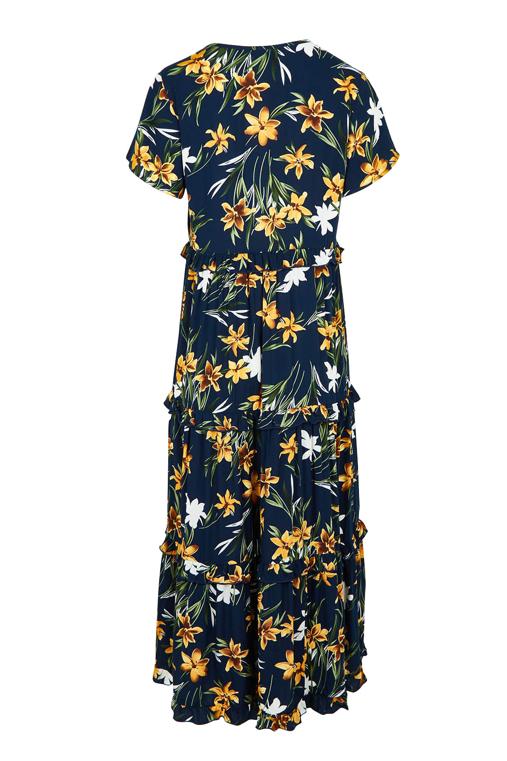 Product shot of the Printed Tier Dress in colour Navylemon (Blue), from the back