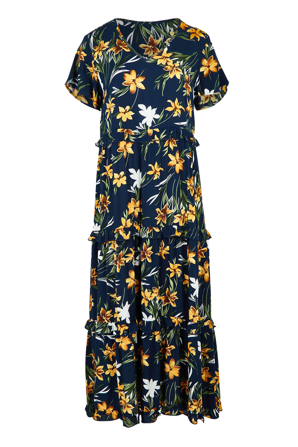 Product shot of the Printed Tier Dress in colour Navylemon (Blue), from the front