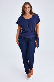 Model Monique wearing size 14 of the Bora Bora Top in colour Navy (Blue), from the front, showing the whole outfit