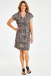 Model Naomi wearing size 10 of the Print Dress in colour Print, from the front, showing the whole outfit