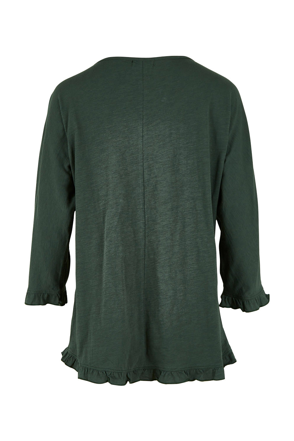 Product shot of the Ruffle 3/4 Sleeve Top in colour Forest (Green), from the back
