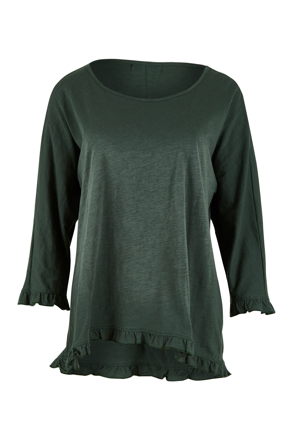 Product shot of the Ruffle 3/4 Sleeve Top in colour Forest (Green), from the front