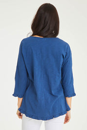 Model Stacey wearing size 10 of the Ruffle 3/4 Sleeve Top in colour Navy (White), from the back