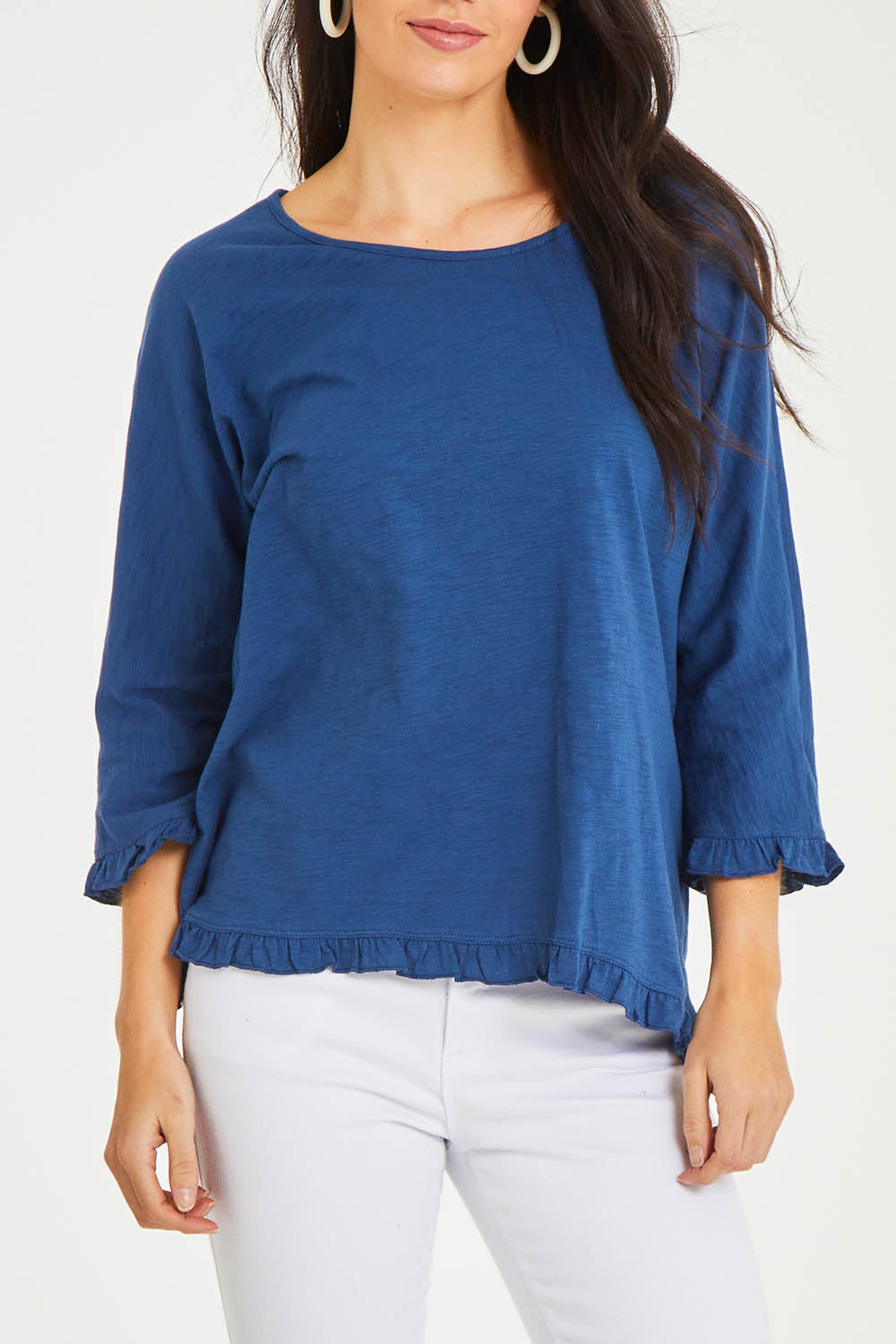 Model Stacey wearing size 10 of the Ruffle 3/4 Sleeve Top in colour Navy (White), from the front, cropped image