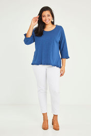 Model Terri-Leigh wearing size 14 of the Ruffle 3/4 Sleeve Top in colour Navy (White), from the front, showing the whole outfit