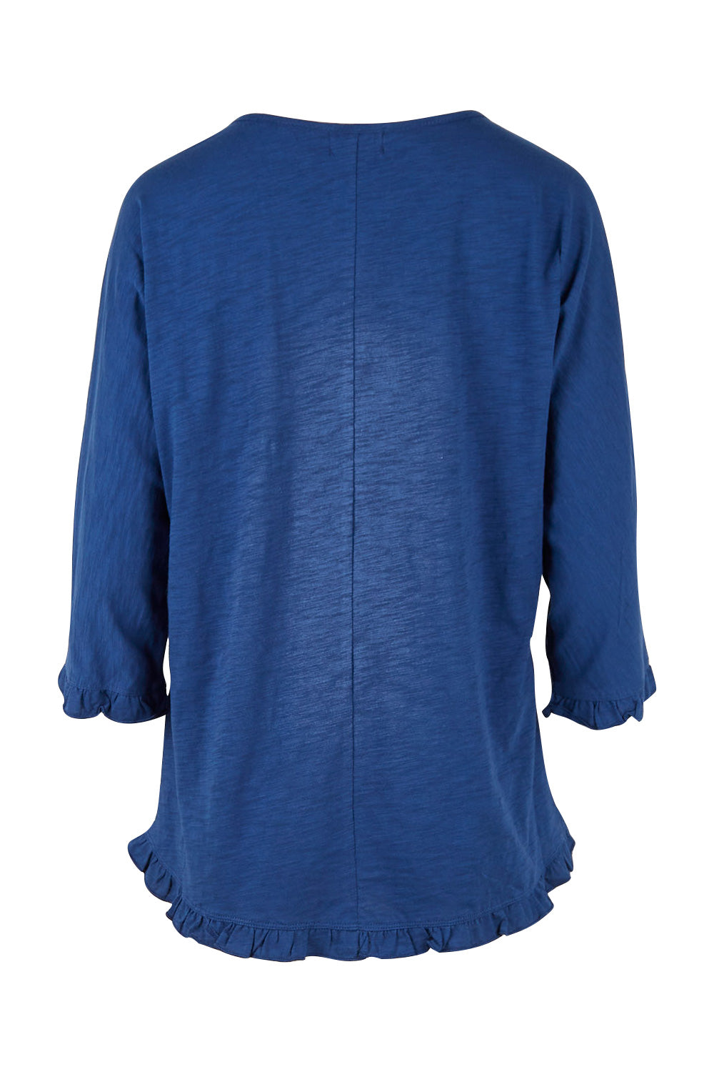 Product shot of the Ruffle 3/4 Sleeve Top in colour Navy (White), from the back