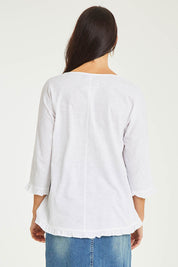 Model Stacey wearing size 10 of the Ruffle 3/4 Sleeve Top in colour White (White), from the back