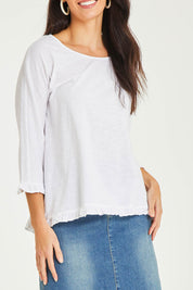 Model Stacey wearing size 10 of the Ruffle 3/4 Sleeve Top in colour White (White), from the front, cropped image
