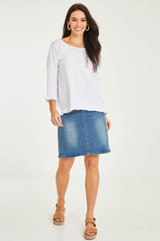 Model Stacey wearing size 10 of the Ruffle 3/4 Sleeve Top in colour White (White), from the front, showing the whole outfit