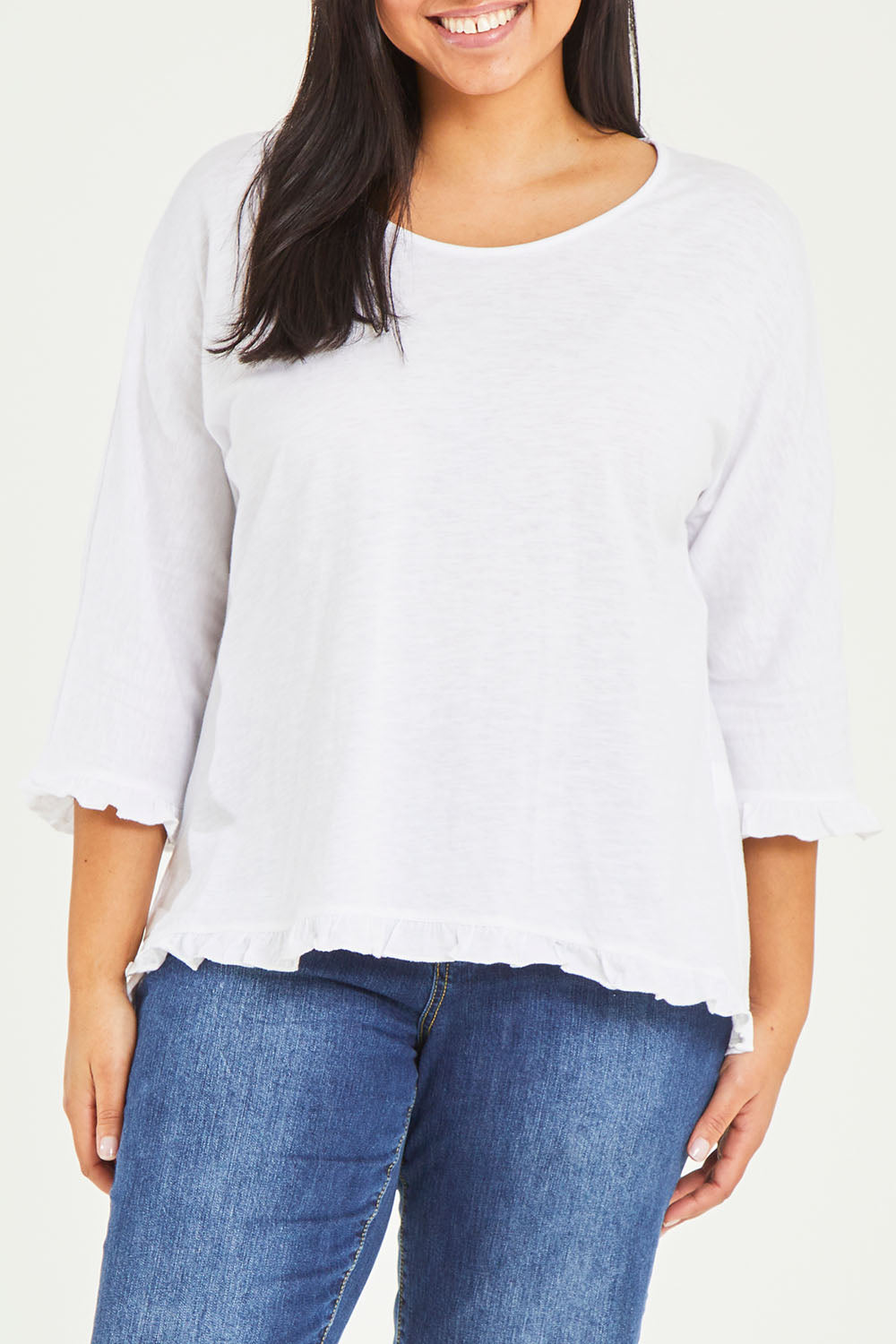 Model Terri-Leigh wearing size 14 of the Ruffle 3/4 Sleeve Top in colour White (White), from the front, cropped image