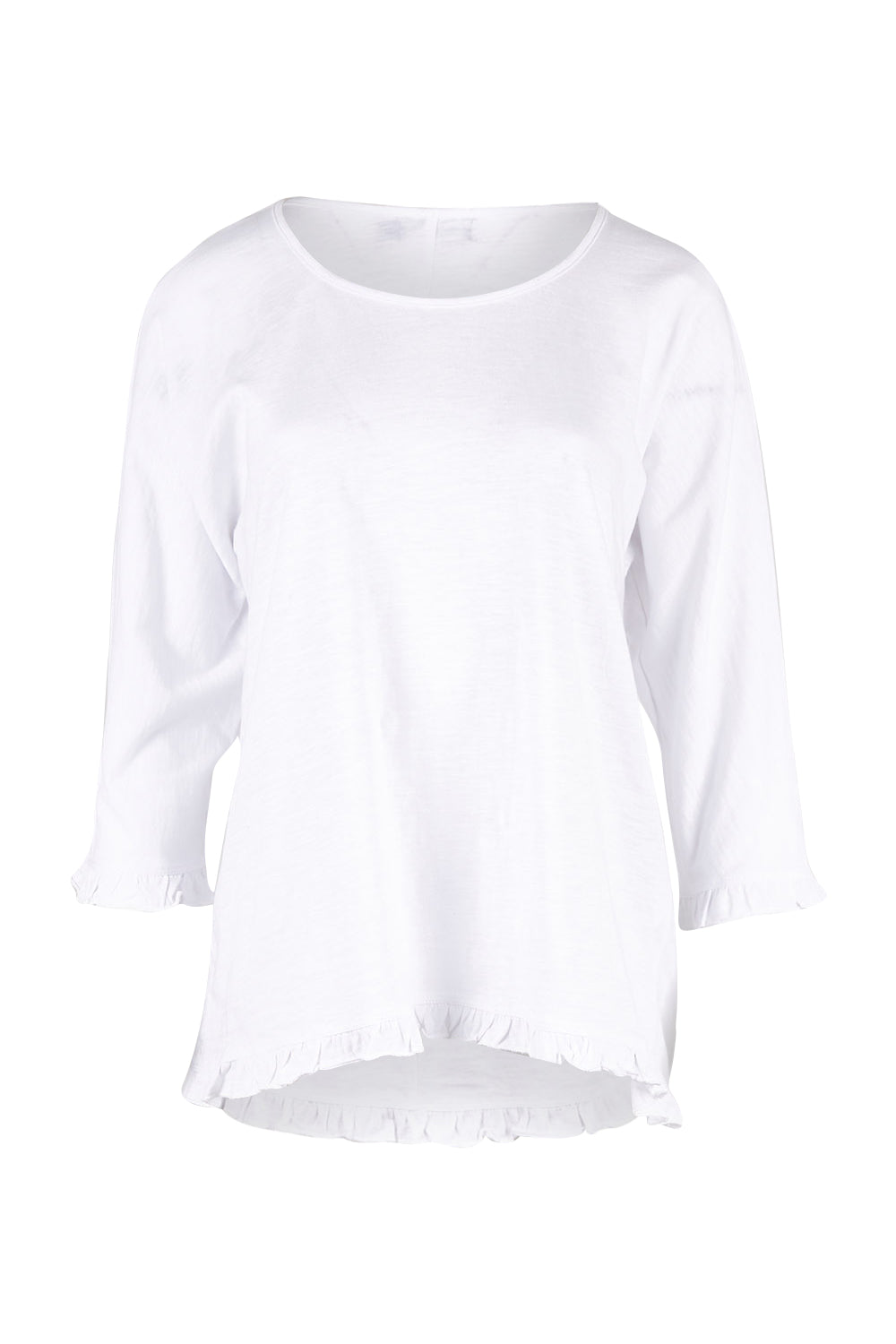 Product shot of the Ruffle 3/4 Sleeve Top in colour White (White), from the front