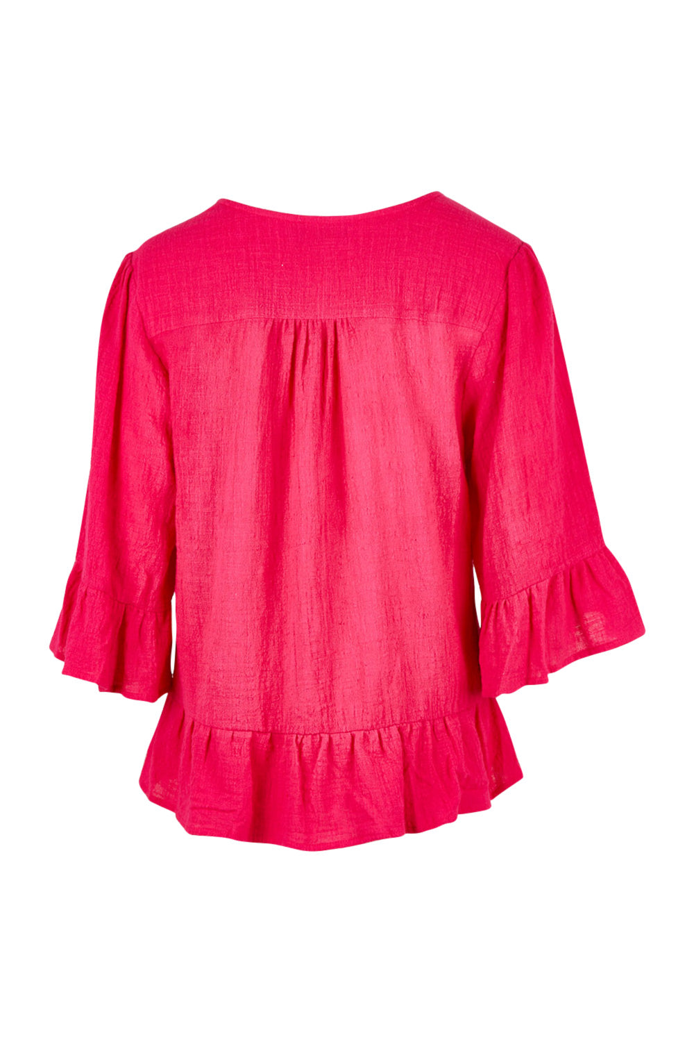 Product shot of the Ruffle Top in colour Hotpink (Pink), from the back