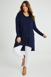 Model Laura wearing size 14 of the Overlay Tunic in colour Navy (Blue), from the front, showing the whole outfit