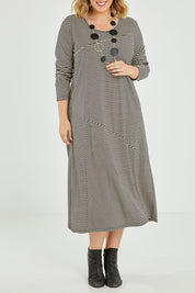 Model Jess wearing size 14 of the Stripe Maxi Dress in colour Blackbeige (Black), from the front, cropped image