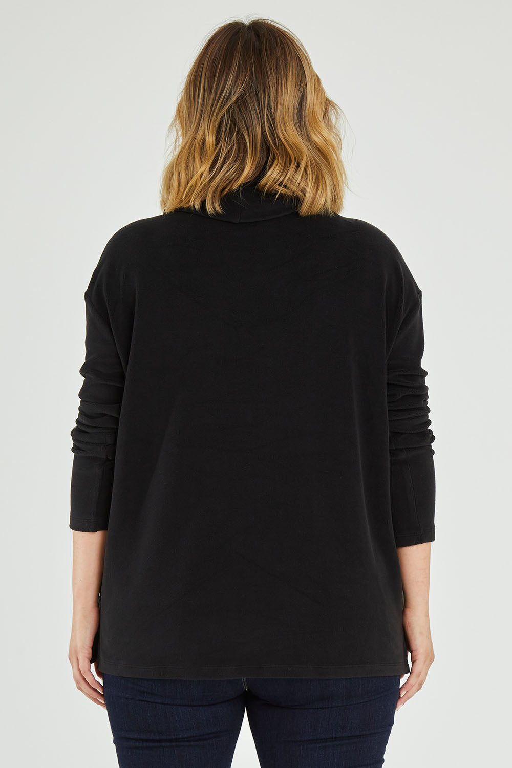 Model Jess wearing size 14 of the Micro Fleece Cowl in colour Black (Black), from the back