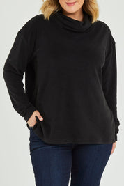Model Jess wearing size 14 of the Micro Fleece Cowl in colour Black (Black), from the front, cropped image