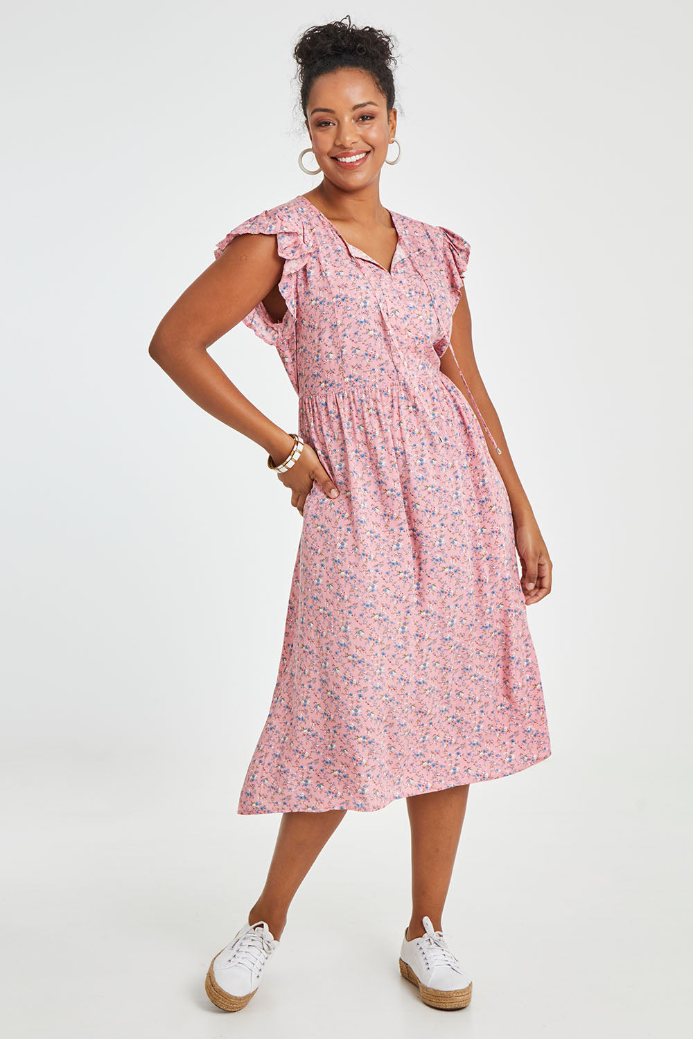 Model Noli wearing size 14 of the Penny Dress in colour Pink (Pink), from the front, showing the whole outfit