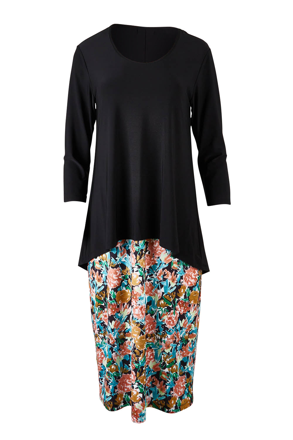 Product shot of the Forgiveness Long Dress in colour Blkfloral (Black), from the front