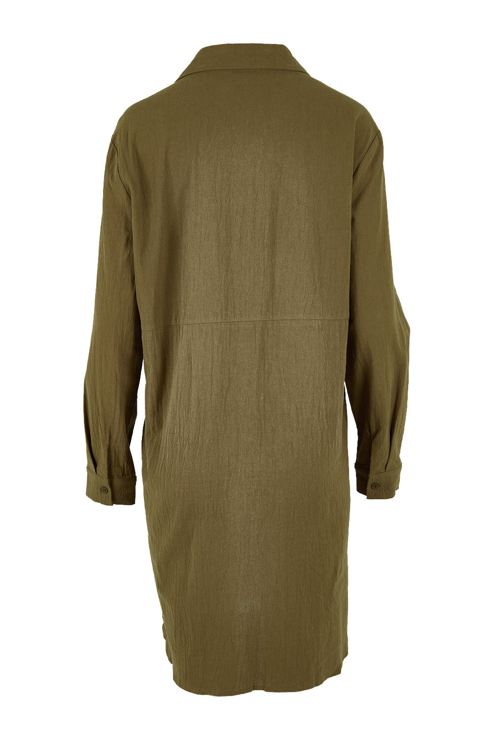 Product shot of the Splice Print Tunic Shirt in colour Khaki (Green), from the back