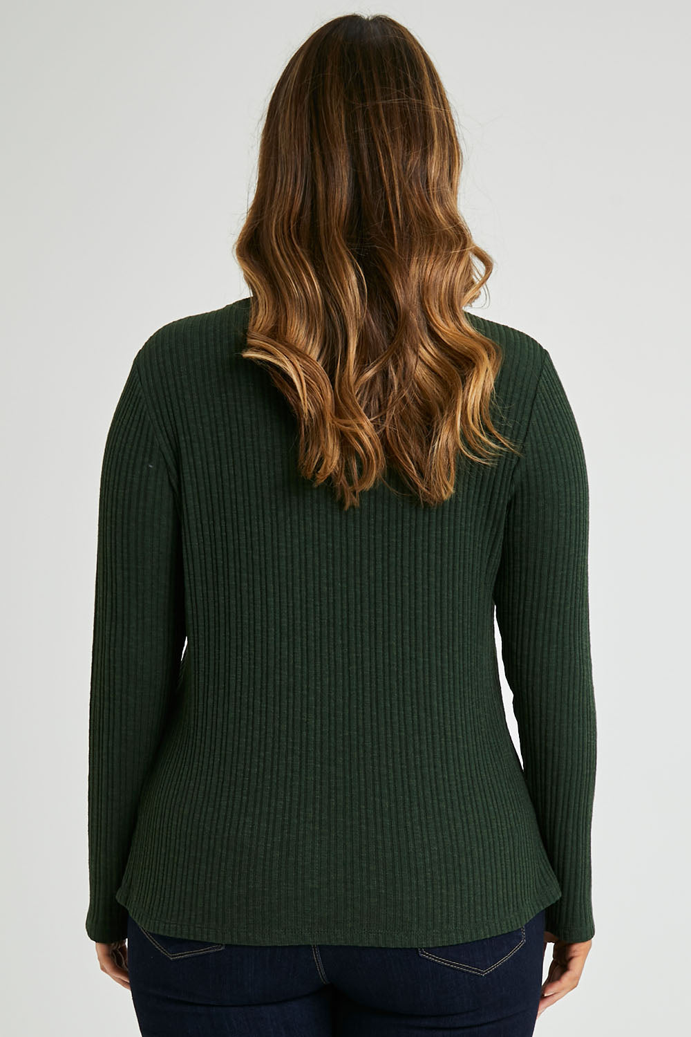 Model Laura wearing size 14 of the Free World Tee Top in colour Forest (Green), from the back