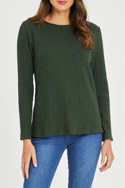 Model Madeline wearing size 10 of the Free World Tee Top in colour Forest (Green), from the front, cropped image