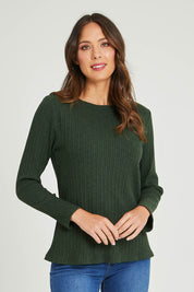 Model Madeline wearing size 10 of the Free World Tee Top in colour Forest (Green), from the front, cropped image