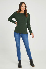 Model Madeline wearing size 10 of the Free World Tee Top in colour Forest (Green), from the front, showing the whole outfit