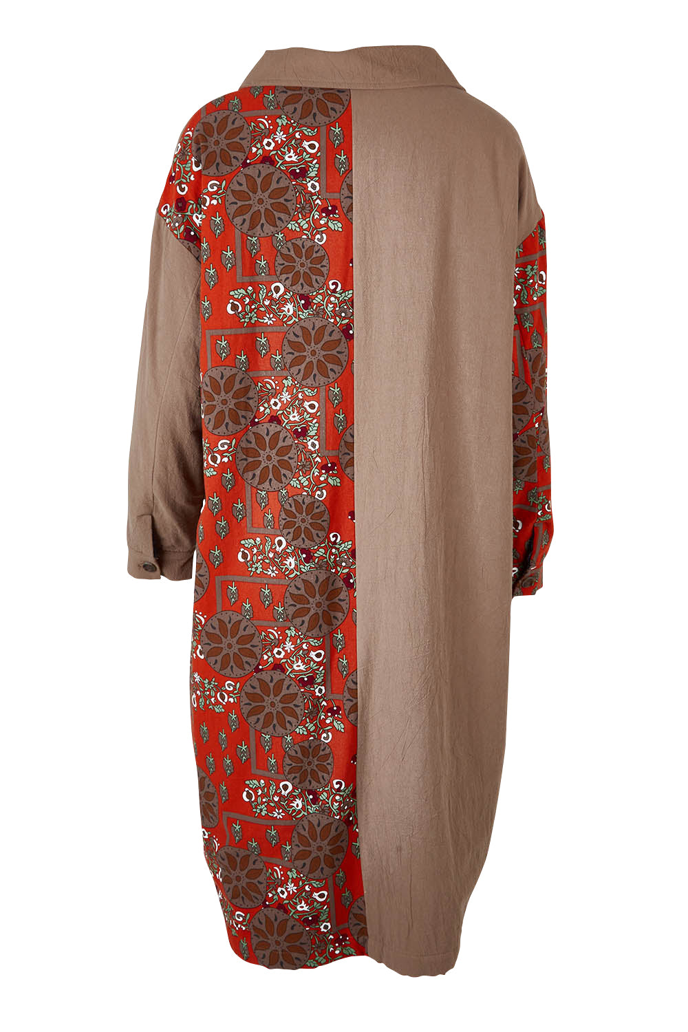 Product shot of the Print Splice Coat in colour Rust (Red), from the back