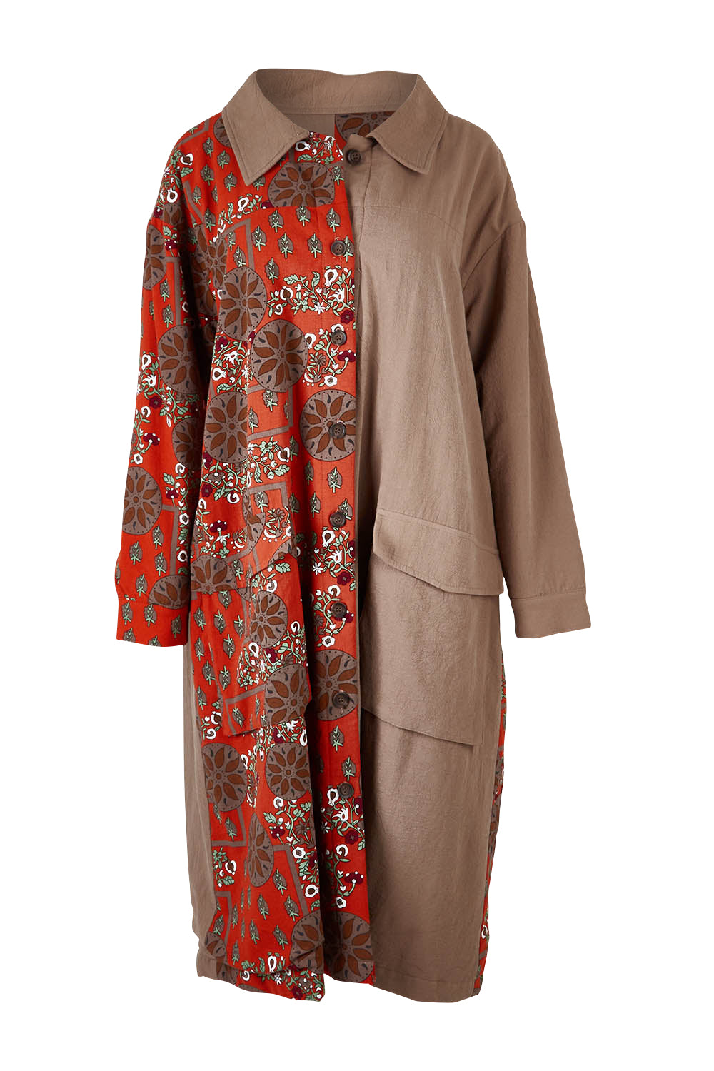 Product shot of the Print Splice Coat in colour Rust (Red), from the front