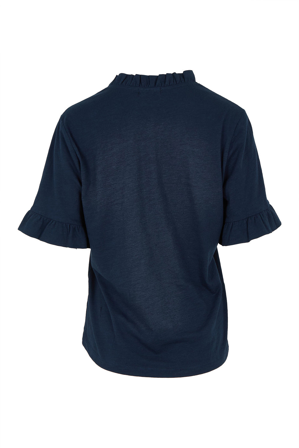 Product shot of the Ruffle Tee Top in colour Navy (Blue), from the back