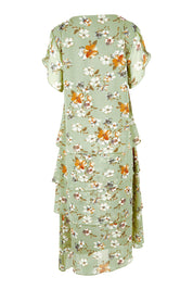 Product shot of the Floral Tiers Print Dress in colour Sage (Green), from the back