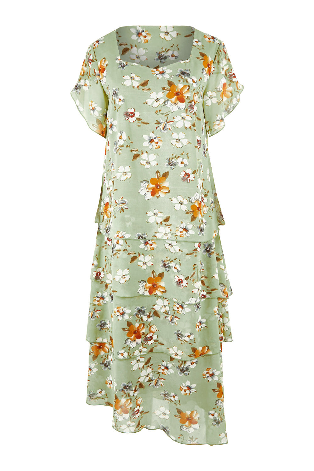 Product shot of the Floral Tiers Print Dress in colour Sage (Green), from the front