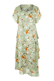 Product shot of the Floral Tiers Print Dress in colour Sage (Green), from the front