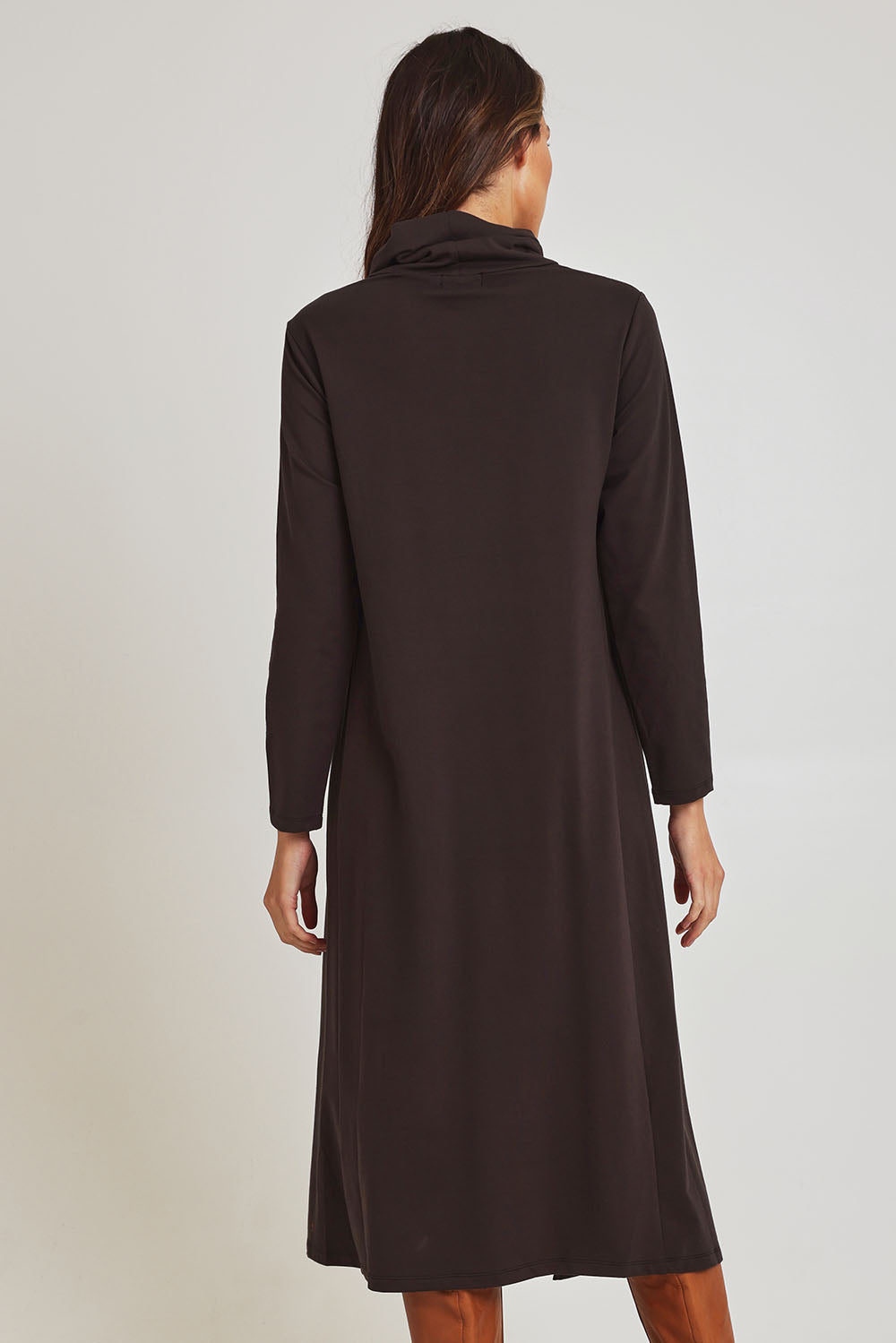 Model Madeline wearing size 10 of the Margie Cowl Pocket Cotton Blend Dress in colour Mocha, from the back
