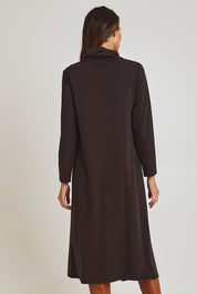 Model Madeline wearing size 10 of the Margie Cowl Pocket Cotton Blend Dress in colour Mocha, from the back