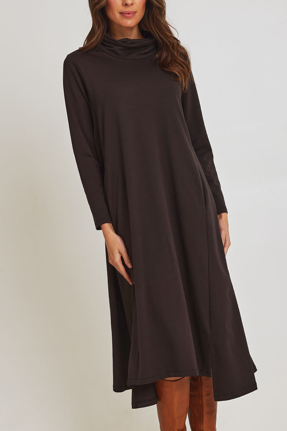 Model Madeline wearing size 10 of the Margie Cowl Pocket Cotton Blend Dress in colour Mocha, from the front, cropped image