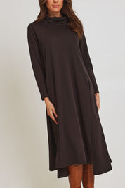 Model Madeline wearing size 10 of the Margie Cowl Pocket Cotton Blend Dress in colour Mocha, from the front, cropped image