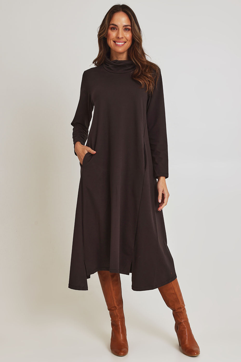 Model Madeline wearing size 10 of the Margie Cowl Pocket Cotton Blend Dress in colour Mocha, from the front, showing the whole outfit