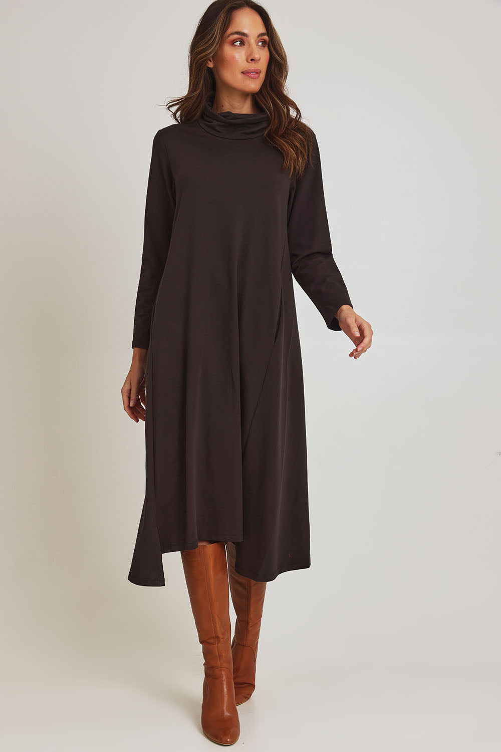 Model Madeline wearing size 10 of the Margie Cowl Pocket Cotton Blend Dress in colour Mocha, from the front, showing the whole outfit
