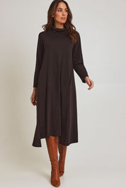 Model Madeline wearing size 10 of the Margie Cowl Pocket Cotton Blend Dress in colour Mocha, from the front, showing the whole outfit