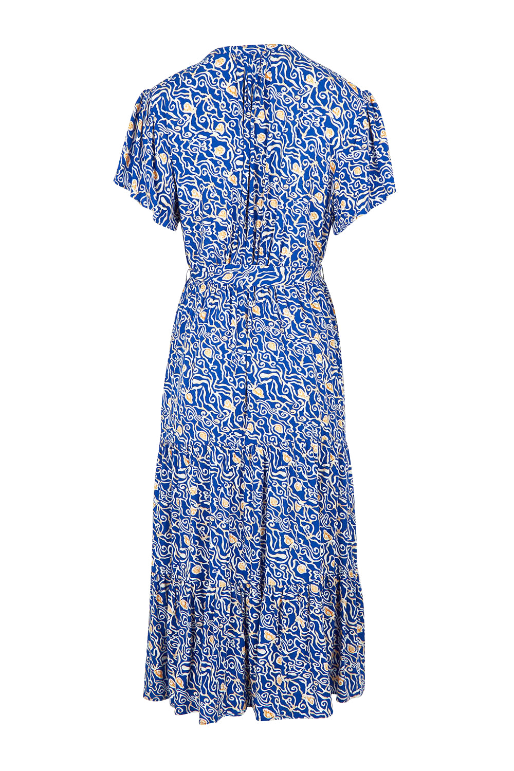 Product shot of the Wrap Flutter Dress in colour Royal (Blue), from the back