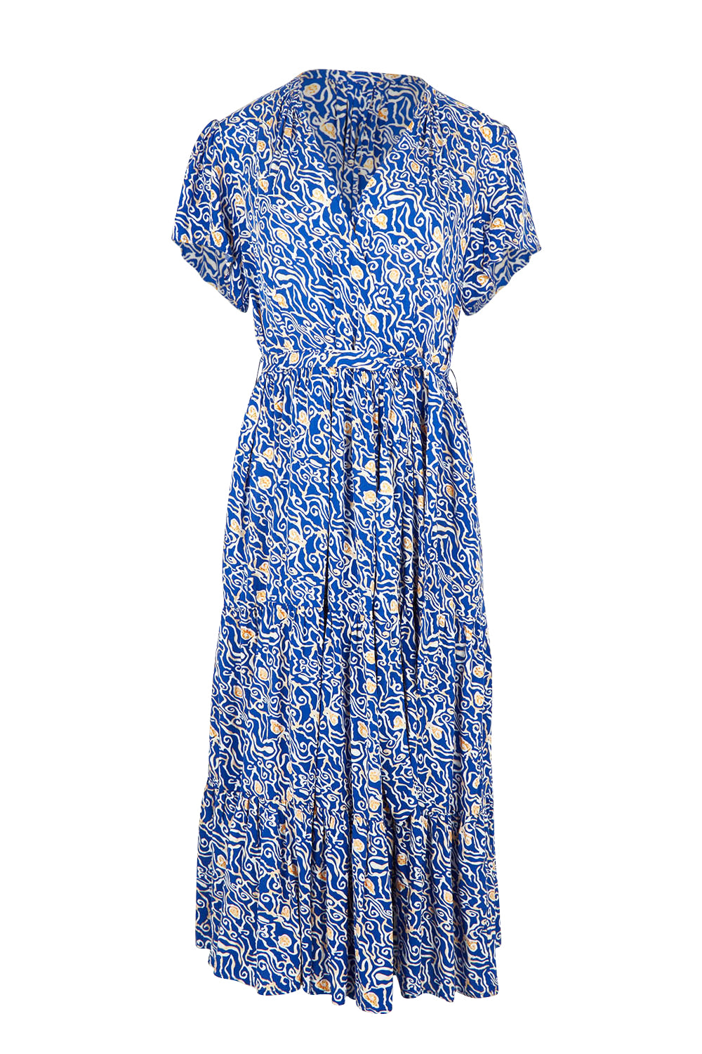 Product shot of the Wrap Flutter Dress in colour Royal (Blue), from the front