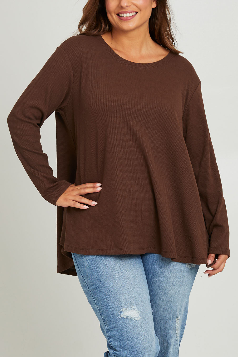Model Monique wearing size 14 of the Swing Waffle Top in colour Espresso, from the front, cropped image