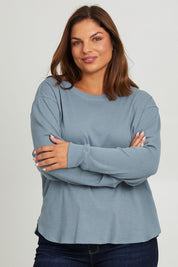 Model Monique wearing size 14 of the Waffle Weekend Crew in colour Ink (Blue), from the front, cropped image